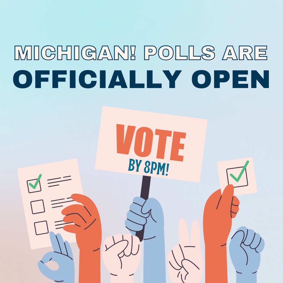 ElissaSlotkin's tweet photo. Happy Election Day! The polls are open across Michigan, so find your polling location and go vote. 

If you’re not registered, you can still go to your city/township clerk to register AND vote at the same time. And remember, if you have an absentee ballot that you still haven’t turned in, make sure you drop it off by 8 PM, local time. Let’s all do our civic duty and rock some “I Voted” stickers today!

https://t.co/z7oLKmKfsw