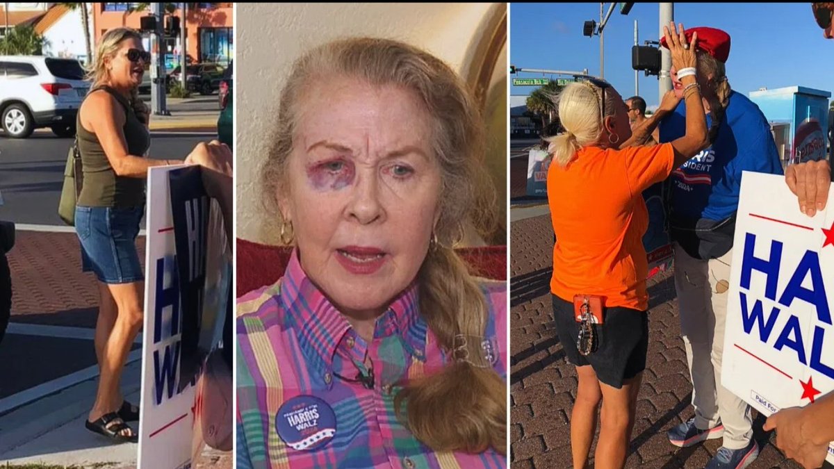 The woman who attacked Kamala Harris supporter is pictured on the left. 

Please call the Escambia County Sheriff's Office with any information identifying the suspect.

The victim, shown center, told WEAR News on Monday, "It left me scared. I need closure. And I need to know