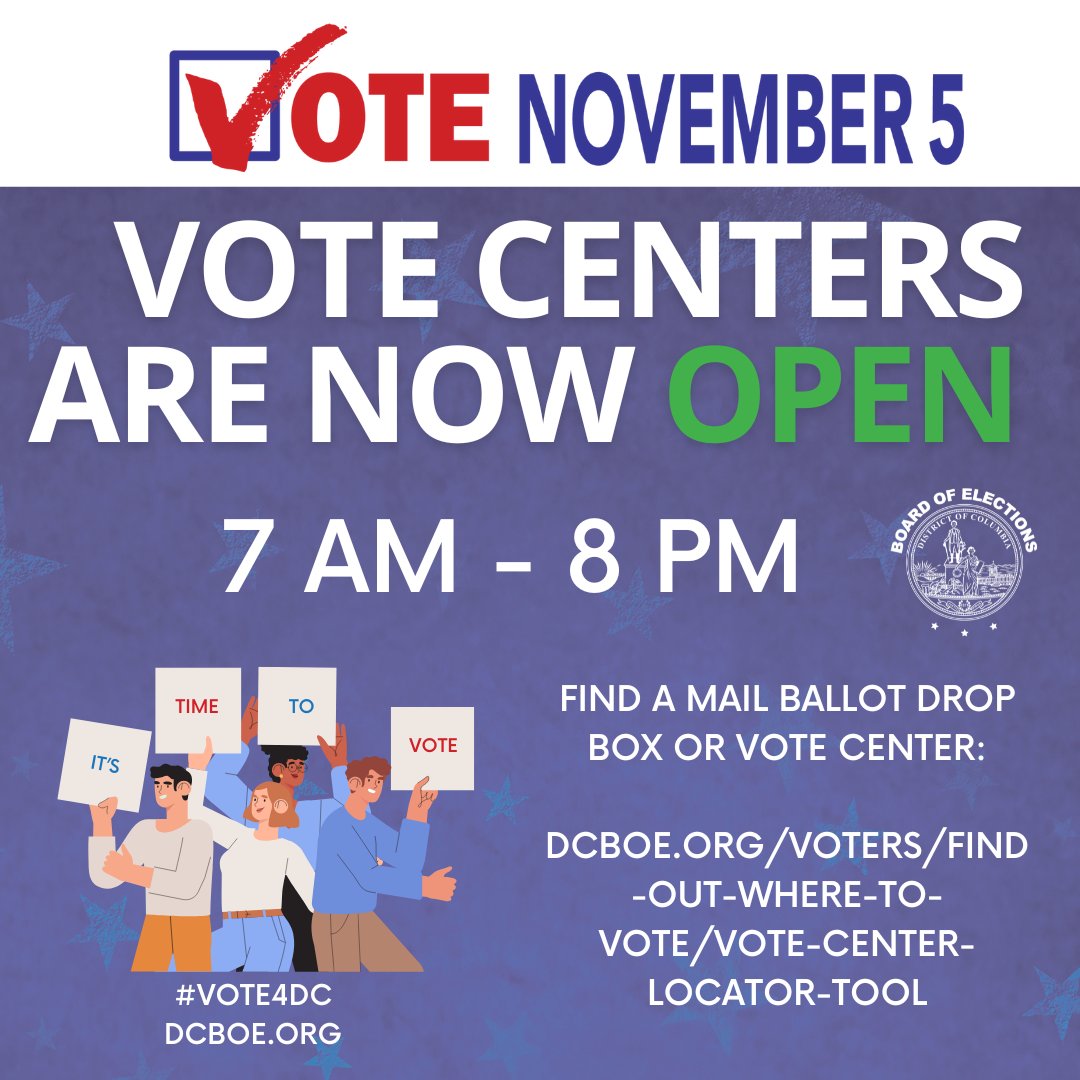 Election Day Vote Centers are NOW OPEN! Voters can vote at ANY Vote Center, regardless of residential address. Find locations here: dcboe.org/voters/find-ou… #vote4dc