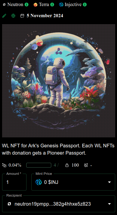 Ark Protocol (@arkprotocol) on Twitter photo ๐ Final tests passed: cross-chain mint on 3 chains!
1. ๐๏ธ Mint "Pioneer Passport WL" NFT for our limited "Pioneer" Passport.
2. ๐ Then mint a Passport.
3. ๐ With Passport, get future Perks (e.g., WL for Ark's Genesis PFP on <a href="/cosmoshub/">Cosmos Hub โ๏ธ</a>).
Phase 1 starting next week.
โน๏ธ ๐ Final tests passed: cross-chain mint on 3 chains!
1. ๐๏ธ Mint "Pioneer Passport WL" NFT for our limited "Pioneer" Passport.
2. ๐ Then mint a Passport.
3. ๐ With Passport, get future Perks (e.g., WL for Ark's Genesis PFP on <a href="/cosmoshub/">Cosmos Hub โ๏ธ</a>).
Phase 1 starting next week.
โน๏ธ