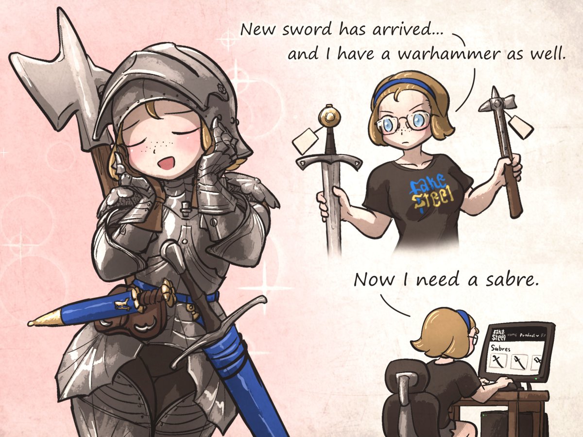 ironlily_art's tweet image. When a LARPer waifu who is so addicted to FakeSteel Armory brand.