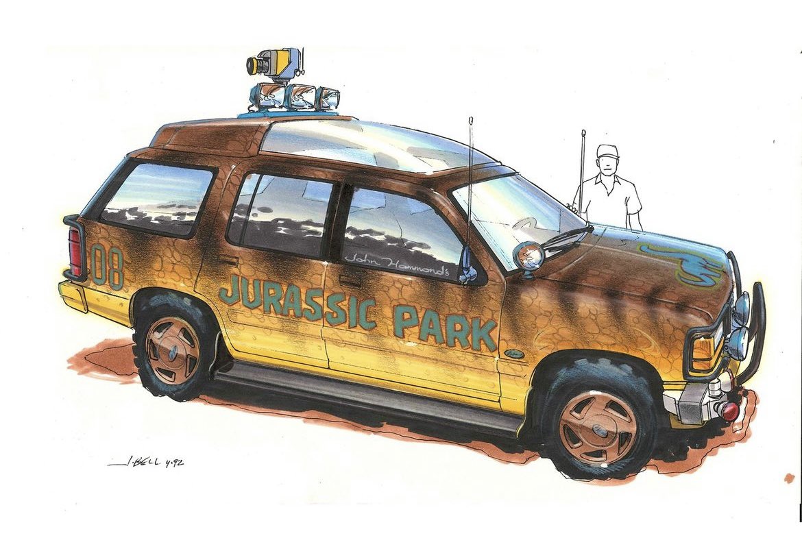 Pencil and marker concept sketches for the tour vehicles of Jurassic Park (1993) by Art Director John Bell.
