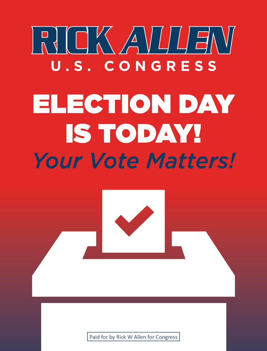 rickallen's tweet image. Today is the day. Polls are now open! 

Make your plan to vote Rick Allen for Congress and Donald J. Trump for President! The future of our country is at stake.

If you don't know where to vote, check here:
mvp.sos.ga.gov/s/
