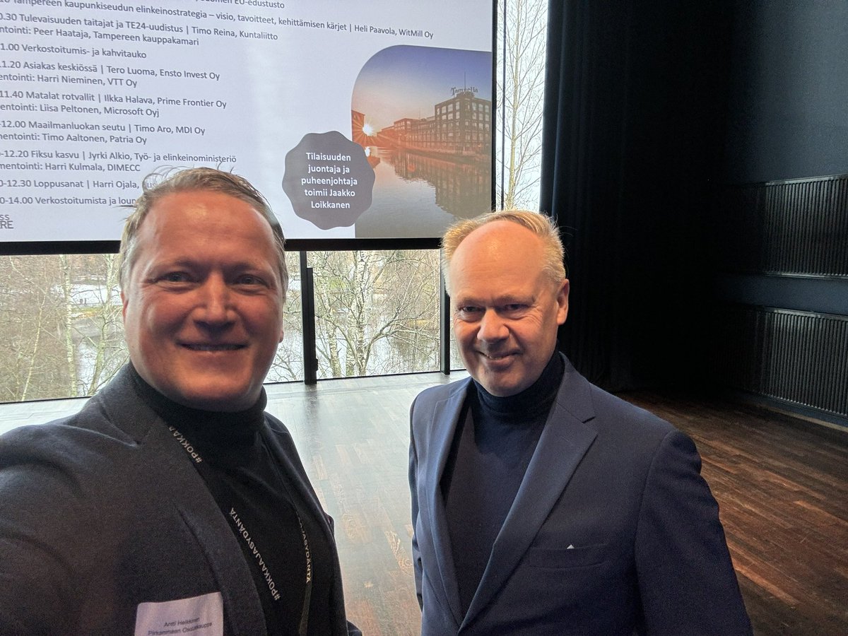 Kiitos <a href="/timoaro/">Timo Aro</a> mainiosta esityksestä ja mukavasta kohtaamisesta tänään <a href="/BusinessTampere/">Business Tampere</a> - Tampereen kaupunkiseudun elinkeinostrategian sidosryhmäseminaarissa 👌

Kriittiset kysymykset matkalla maailmanluokan seutuun herättelivät - paljon on potentiaalia Turulla ja Tampereella 👍