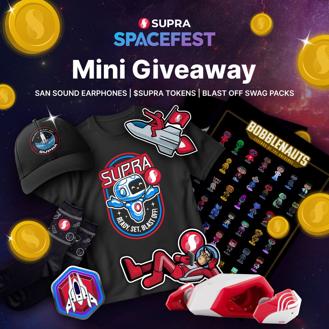 Get ready for Supra Spacefest, it's gonna be a party with a bigger Supra Tribe!

With so many builders and communities joining our tribe, we're bringing a lot of fun live giveaways for everyone 

Beautiful tech for the builders, and fun swag, headphones, and Supra tokens for the
