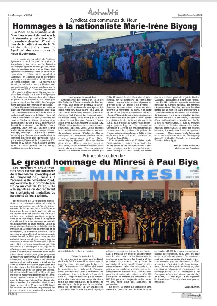 Les Chercheurs du MINRESI remercient le Chef de l'Etat suite Décret relatif au paiement de leurs primes de recherche et de technicité 
minresi.gov.cm/mobilisation-d…