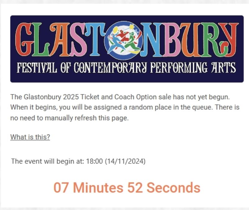 TheGlastoThingy's tweet image. 🚨 TICKET QUEUE CONFIRMED 🚨 

Big change in the ticket buying process this year with the introduction of a queue.

#Glastonbury 

Full details on the official site 👇
glastonburyfestivals.co.uk/news/2025-tick…