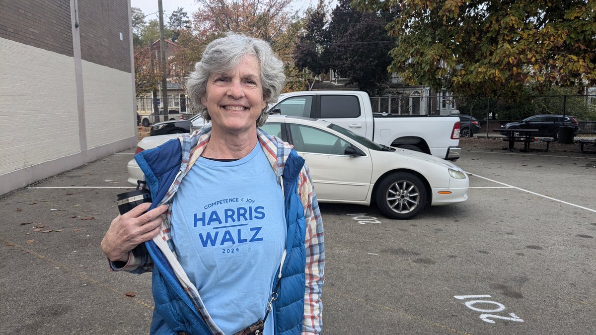 Seery Devinney, Harris voter, retired teacher. Was among the first voters today. Came dancing out of the polling place, but:  "Very nervous because I don't think people are dealing with the facts." <a href="/WHYYNews/">WHYY News</a>