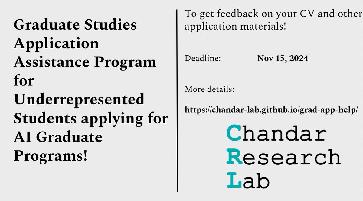 Sarath Chandar (@apsarathchandar) on Twitter photo At <a href="/ChandarLab/">Chandar Lab</a>, we are happy to announce the second edition of our assistance program to provide feedback for members of communities underrepresented in AI who want to apply to high-profile graduate programs. Want feedback? Details: chandar-lab.github.io/grad-app-help/. Deadline: Nov 15! At <a href="/ChandarLab/">Chandar Lab</a>, we are happy to announce the second edition of our assistance program to provide feedback for members of communities underrepresented in AI who want to apply to high-profile graduate programs. Want feedback? Details: chandar-lab.github.io/grad-app-help/. Deadline: Nov 15!