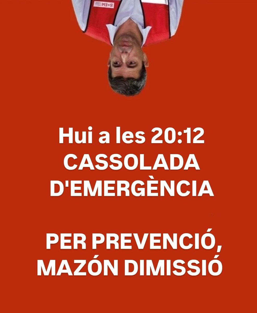 A LES 20:12 H CASSOLADA! TOTS I TOTES A UNA VEU! 💙❤️💛 
✊🏼 Per prevenció, Mazón dimissió!
✊🏽Per solidaritat amb les poblacions devastades. 
✊🏾En protesta per una gestió de la catàstrofe assassina i criminal.
✊🏿 Per la nostra dignitat col·lectiva com a poble valencià.