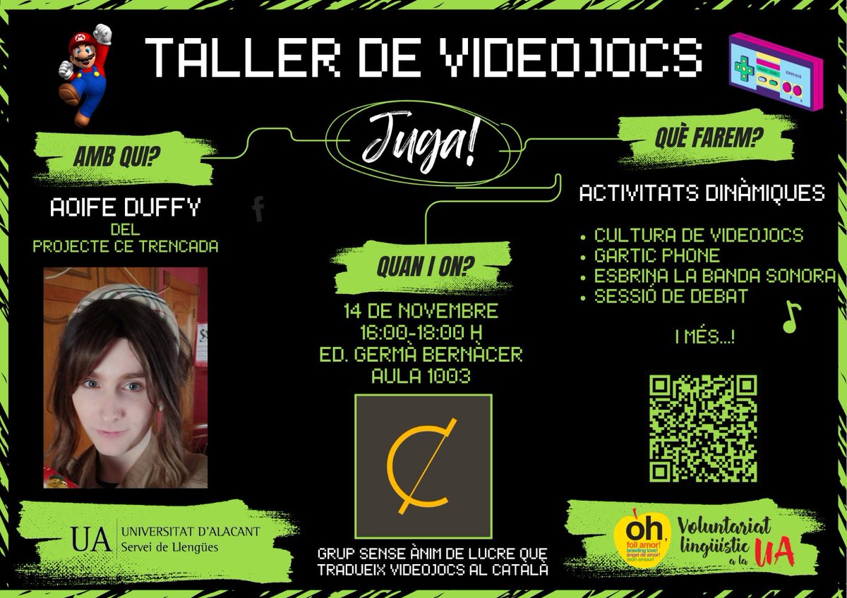Bon dia! 
El dijous de la setmana que ve faré un taller a la Universitat, en col·laboració amb <a href="/LlenguesUA/">LlengüesUA</a> i representant <a href="/PrCeTrencada/">Projecte 'Ce Trencada'</a> 
En aquest taller, centrat en la promoció de l'ús del català en els videojocs, farem moltes activitats. Per a més informació i la inscripció, 👇🏼