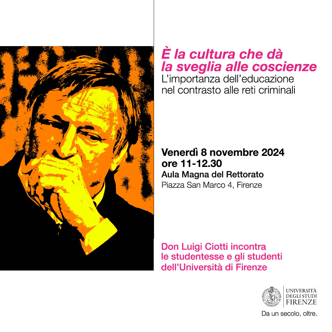 UNI_FIRENZE's tweet image. “È la cultura che dà la sveglia alle coscienze. L'importanza dell'educazione nel contrasto alle reti criminali”
Don Luigi Ciotti terrà una lezione rivolta agli #studentiUnifi, introdotta dalla rettrice @_alexpetrucci
🗓️8/11 h 11
📍Aula Magna del rettorato 
u.garr.it/KXAa6