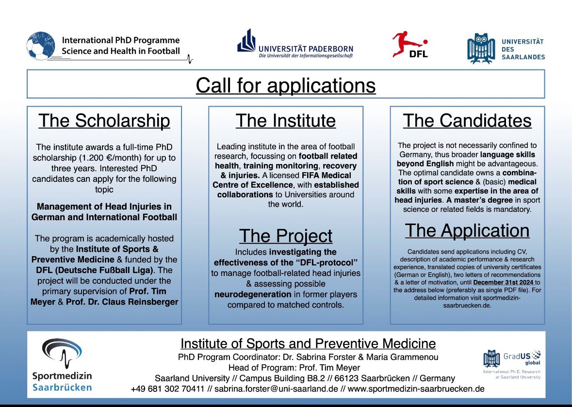 SpoMedSb's tweet image. 📢 PhD Position Available: Head Injuries in Football ⚽️
We’re excited to announce an opening for a PhD position focused on researching head injuries in football players!
Position Details
📅 Application Deadline: 31/12/2024
🎓 Requirements: Master’s Degree in Sport Science