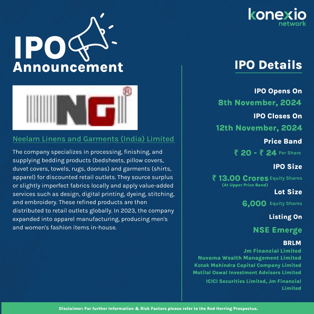 KonexioNetwork's tweet photo. Neelam Linens and Garments (India) Limited is going public with its IPO.

Stay tuned for more such updates!

#konexio #konexioupdates #neelamlinens #ipo #nse #bse #nsesme #nsesmeipo #bsesmeipo #stock #stockmarket #stockmarketindia https://t.co/Geiu6pgNTh