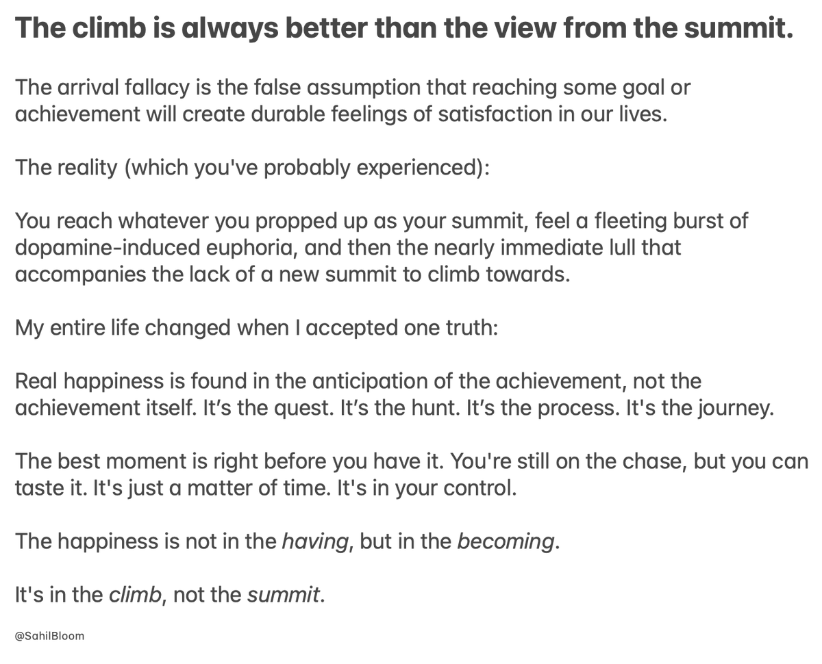 SahilBloom's tweet photo. The real happiness is in the climb, not the summit. https://t.co/MqczL54EEb