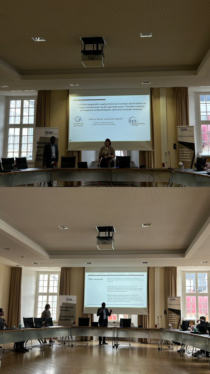 European Centre for Advanced Studies (@ecas_academia) on Twitter photo #FellowConference2024
The third Tandem (Melissa Mesek from
<a href="/CaledonianNews/">Glasgow Caledonian University</a> & Oscar Ampofo from <a href="/uniGoettingen/">Uni Göttingen</a>) are conducting "A critical comparative analysis between Lower Saxony and Lanarkshire on refugee entrepreneurship in the agri-food sector“.
#TandemFellowshipProgramme #FellowConference2024
The third Tandem (Melissa Mesek from
<a href="/CaledonianNews/">Glasgow Caledonian University</a> & Oscar Ampofo from <a href="/uniGoettingen/">Uni Göttingen</a>) are conducting "A critical comparative analysis between Lower Saxony and Lanarkshire on refugee entrepreneurship in the agri-food sector“.
#TandemFellowshipProgramme