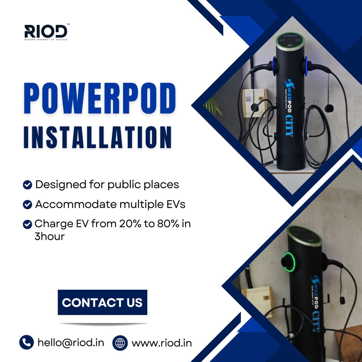 riodlogic's tweet photo. New Installations, New Milestone! ⚡
Our PowerPod City is expertly crafted for public spaces, designed to charge multiple EVs simultaneously.
Get yours today!
Contact us at hello@riod.in or visit https://t.co/vxAZeyVCrt https://t.co/9iFjSXnHaH