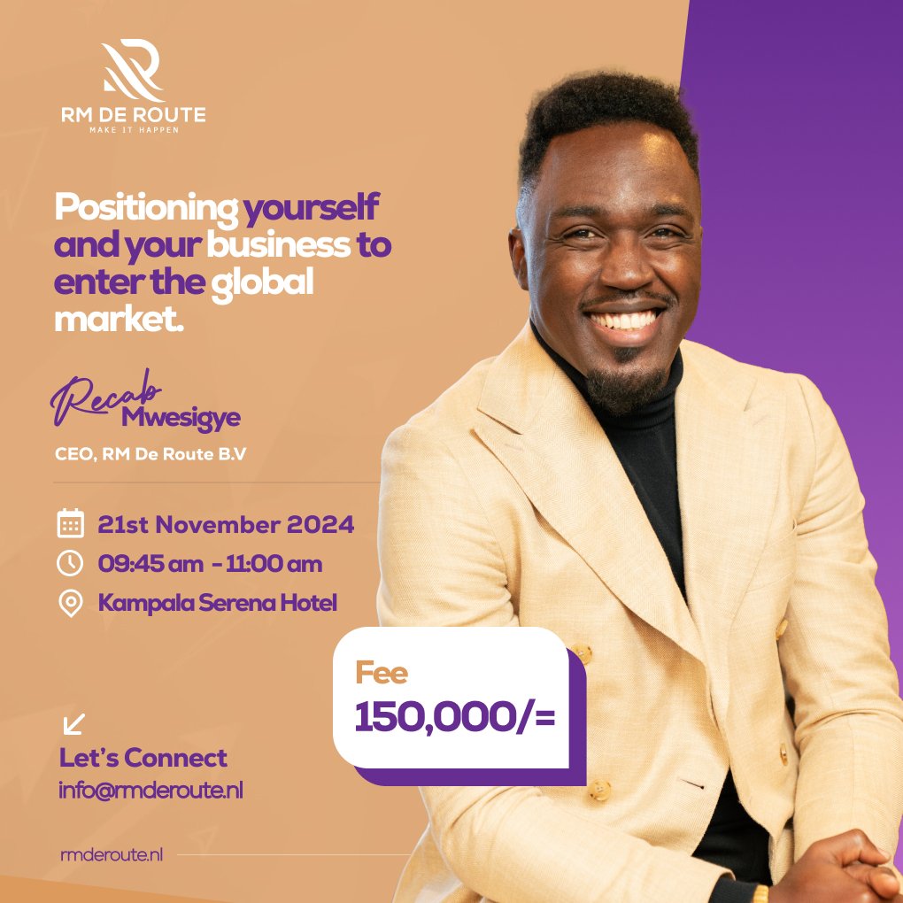 Ready to take your business to the world stage? Join us for insightful and immersive conversations led by our Founder, on positioning you and your business to enter the global market. 

Tap ticket.ug/rmderoute register and secure your slot.

#rmderoute #StartupsInAfrica