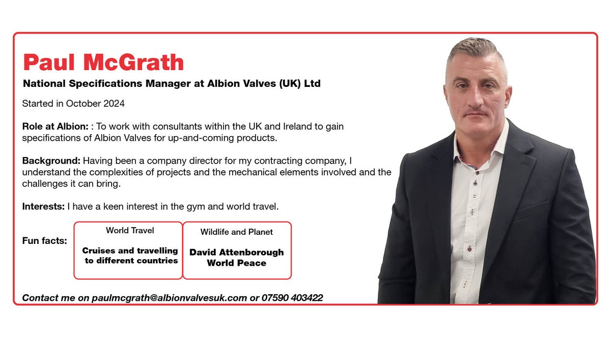 MEET THE TEAM!

We are delighted to welcome Paul McGrath to our team!

Paul joined the Albion Team in October 2024 as National Specifications Manager, a brand-new role within the company.

Meet the rest of the team here - lnkd.in/eQSWj5mg

#AskForAlbion
#AlbionValves