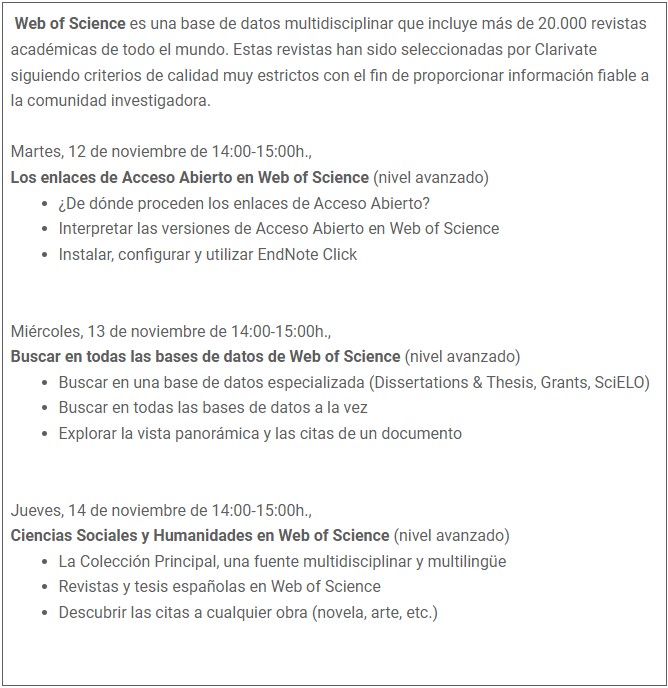 CRAI Biblioteca de Biologia - UB (@craibiologia) on Twitter photo 📢 Formació Online Web of Science, organitzades per <a href="/ClarivateAG/">Clarivate for Academia & Government</a> i <a href="/FECYT_Ciencia/">FECYT</a>
📍Del 12 al 14 de novembre de 14:00 a 15:00h. (gratuïtes en llengua castellana)
👉Notícia Blog del <a href="/crai_ub/">CRAI UniBarcelona</a> 🔗tinyurl.com/27vzh86x
+info i inscripcions a recursoscientificos.fecyt.es/node/1521 📢 Formació Online Web of Science, organitzades per <a href="/ClarivateAG/">Clarivate for Academia & Government</a> i <a href="/FECYT_Ciencia/">FECYT</a>
📍Del 12 al 14 de novembre de 14:00 a 15:00h. (gratuïtes en llengua castellana)
👉Notícia Blog del <a href="/crai_ub/">CRAI UniBarcelona</a> 🔗tinyurl.com/27vzh86x
+info i inscripcions a recursoscientificos.fecyt.es/node/1521