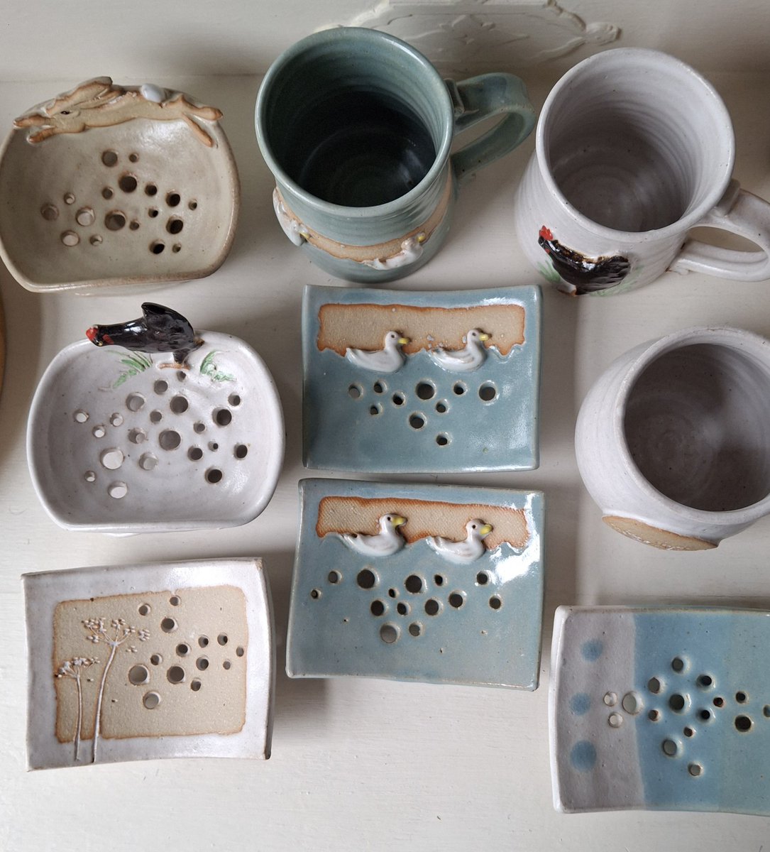 Look what arrived earlier!  Stoneware soapdishes and mugs featuring hares, chickens and ducks, all handmade in England and will soon be on the website for you to buy.