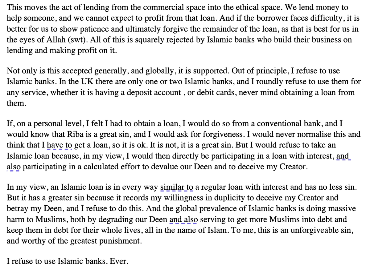 SafdarAlam's tweet photo. I refuse to use Islamic banks.

I get criticised for this a lot, but I do not care. I only answer to one -  and it is not you. 

If you do not understand my point of view, then I suggest you go back to school. https://t.co/nczGmGCxy5