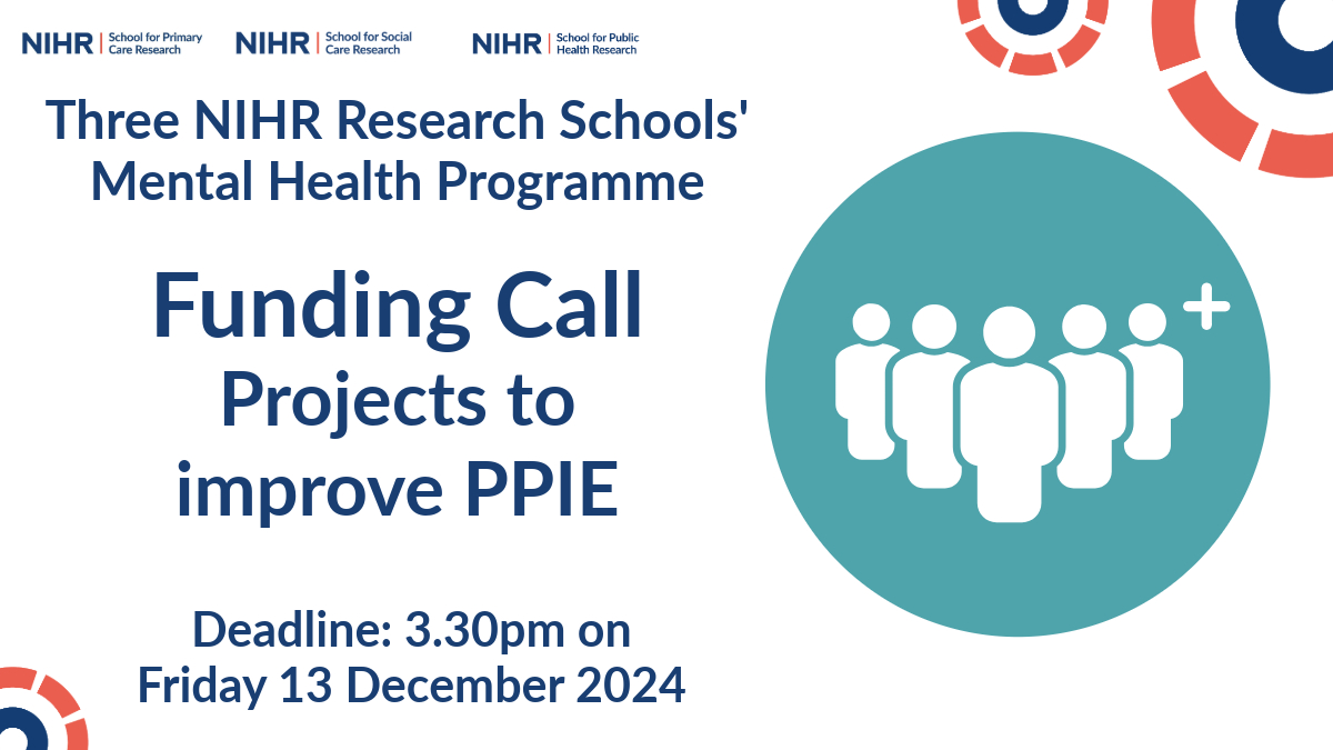 NIHR School for Primary Care Research (@nihrspcr) on Twitter photo A new funding opportunity is now available from NIHR Three Schools' Mental Health Research Programme for Projects to Improve PPIE. The deadline is 15:30, 13 December 2024. Find out more: spcr.nihr.ac.uk/Three-Schools/…
<a href="/Ashmore2009/">Claire Ashmore</a>
<a href="/GeorginaSPCR/">Dr Georgina Fletcher</a>
<a href="/NIHRSSCR/">NIHR School for Social Care Research</a>
<a href="/NIHRSPHR/">NIHR SPHR</a> A new funding opportunity is now available from NIHR Three Schools' Mental Health Research Programme for Projects to Improve PPIE. The deadline is 15:30, 13 December 2024. Find out more: spcr.nihr.ac.uk/Three-Schools/…
<a href="/Ashmore2009/">Claire Ashmore</a>
<a href="/GeorginaSPCR/">Dr Georgina Fletcher</a>
<a href="/NIHRSSCR/">NIHR School for Social Care Research</a>
<a href="/NIHRSPHR/">NIHR SPHR</a>