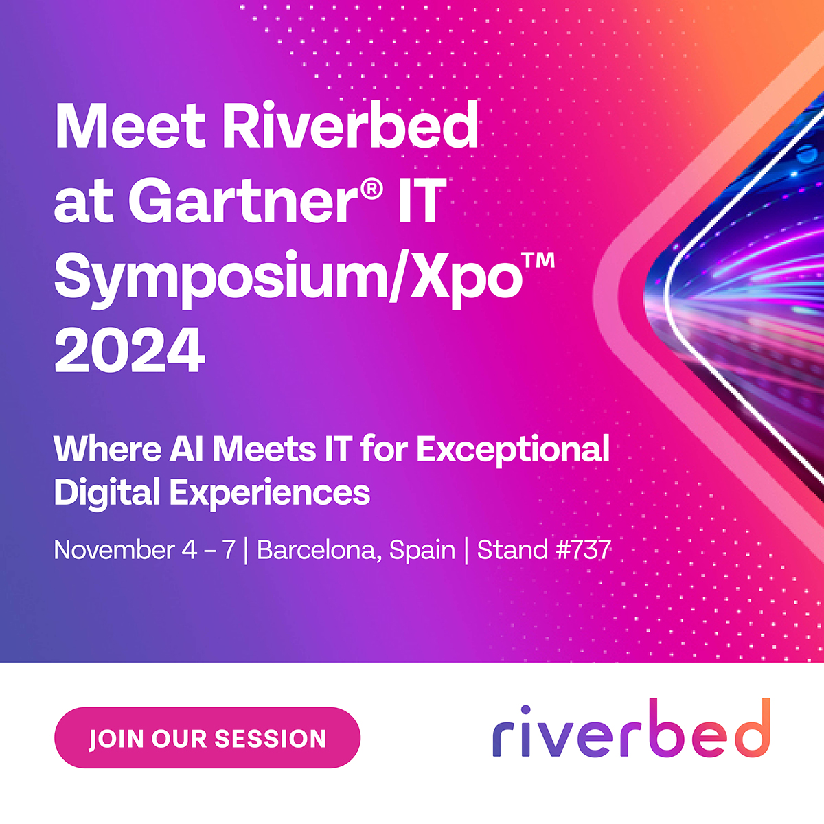 riverbed's tweet image. It’s a pleasure to be at #GartnerSYM in Barcelona this week!  Stop by stand # 737 to learn more about our AI-powered Unified Observability platform that elevates #digitalexperiences. 

Book a meeting: rvbd.ly/4fiHa1K
