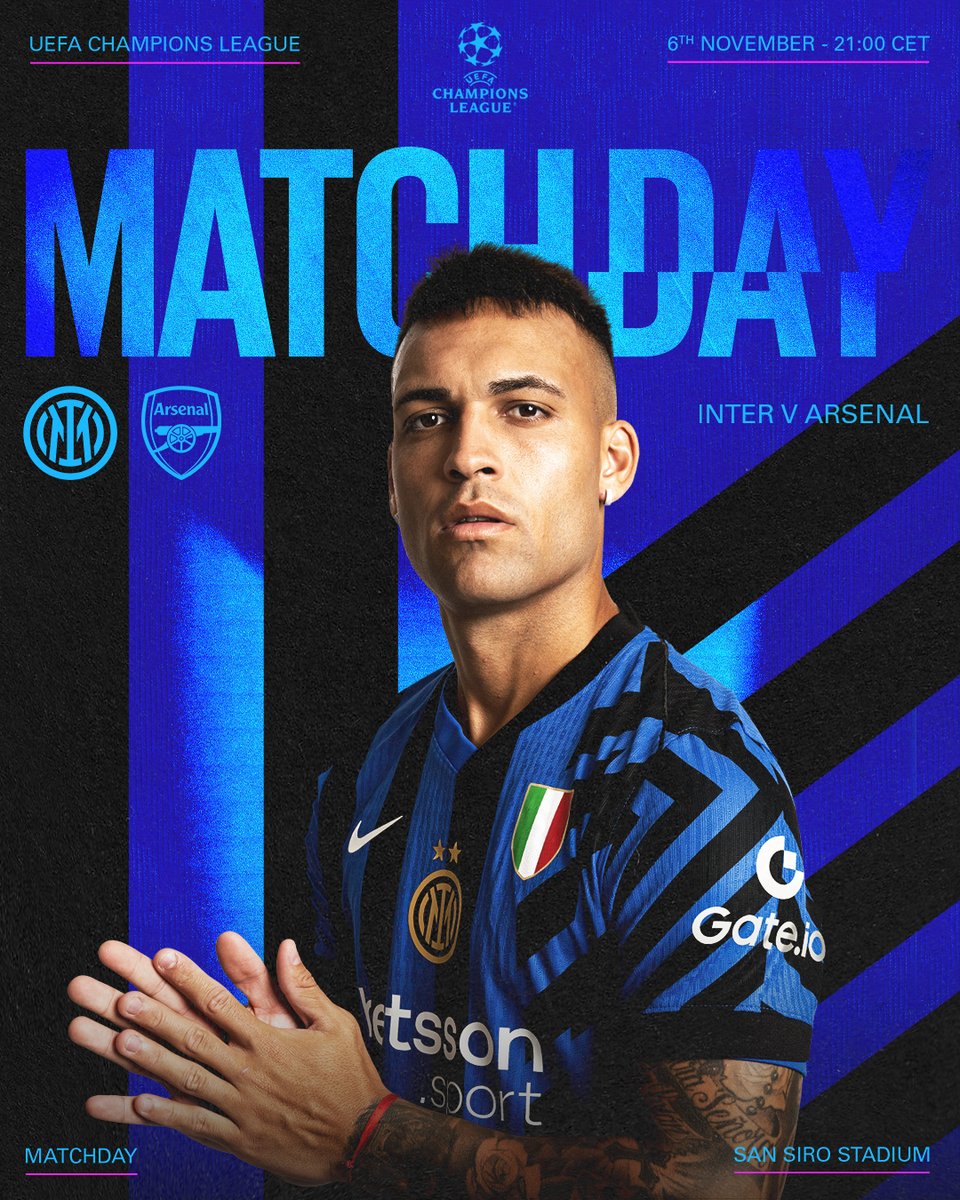 Inter's tweet photo. IT'S #UCL DAY ✨
È tempo di affrontare i Gunners 🔜⚔️

#ForzaInter #InterArsenal https://t.co/5YL8EcVBKF