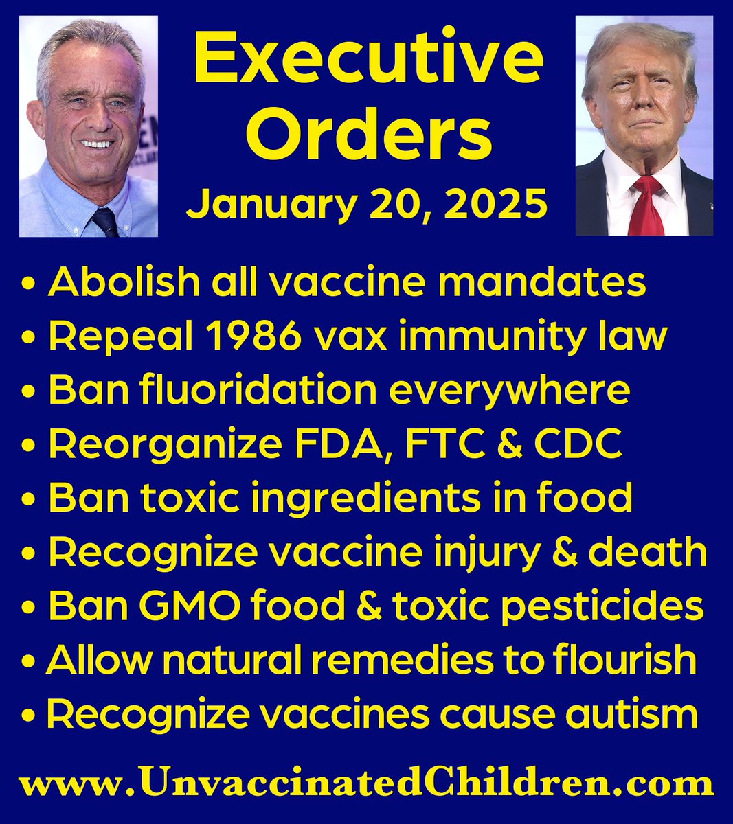 LobservateurLi2's tweet photo. DÉCRETS EXÉCUTIFS 
du 20 JANVIER 2025 . 

-Abolir toute obligation vaccinale. 
-Abroger la loi sur l'immunité juridique des fabricants de vaccins de 1986. 
-Interdire la fluoration de l'eau potable. 
-Réorganiser la FDA, la FTC et le CDC. 
-Interdire les ingrédients toxiques dans les aliments. 
-Reconnaître les blessures et les décès liés aux vaccins. 
-Interdire les aliments OGM et les pesticides toxiques. 
-Permettre aux remèdes naturels d'être accessibles facilement. -Reconnaître que les vaccins causent l'autisme.

J'ajouterais : Interdire les vaccins ARNmessager jusqu'à nouvel ordre, tant pour les animaux que pour les humains.

Et vous ?

https://t.co/3YU7cpLTED