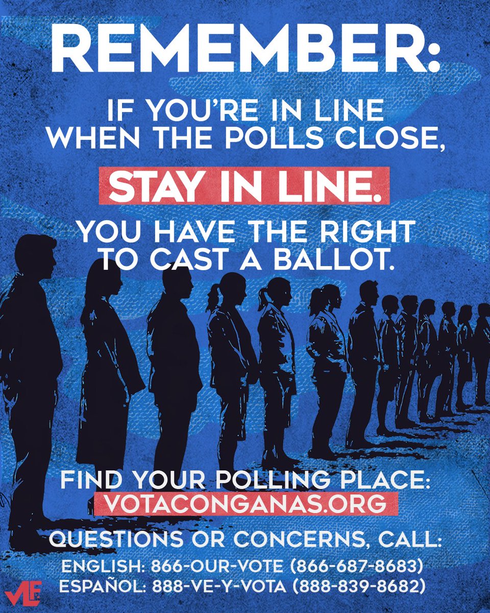 REMINDER: If you’re in line when the polls close, STAY IN LINE! Need help or run into issues at the polls? Call our friends <a href="/866OURVOTE/">Election Protection</a> 

RECUERDEN: Si estás en fila cuando cierran tu centro de votación, quédate en fila. Si tienes preguntas, llama al 888-VE-Y-VOTA (888-839-8682)
