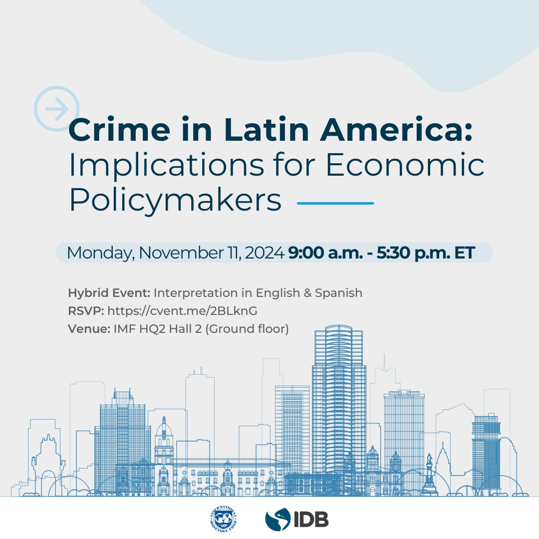 Crime is one of the most significant challenges in #LatAm and the #Caribbean. Join the conference organized by <a href="/IMFNews/">IMF</a> and the IDB to analyze the relationship between #economy and #crime and build strategies that strengthen development in the region. 👉 bit.ly/4ff7l9g