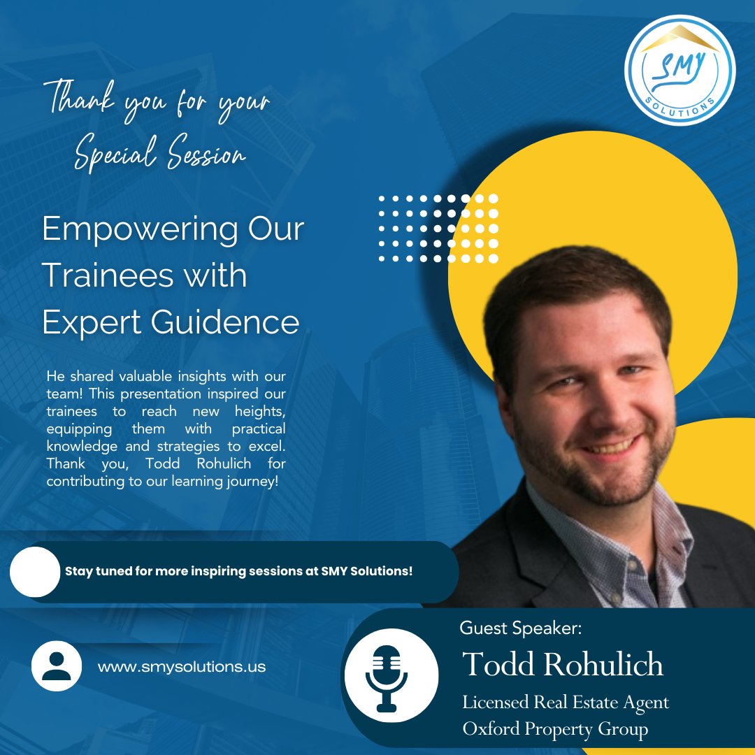 SMY_Solutions's tweet photo. A Day of Learning and Growth! 🌟

Thank you, Todd Rohulich Licensed Real Estate Agent 
Oxford Property Group, for an inspiring session!

Stay tuned for more empowering sessions! #SMYSolutions #LearningJourney #ExpertGuidance #VirtualAssistantTraining #levelupwithsmy https://t.co/U3IeSh0w2A