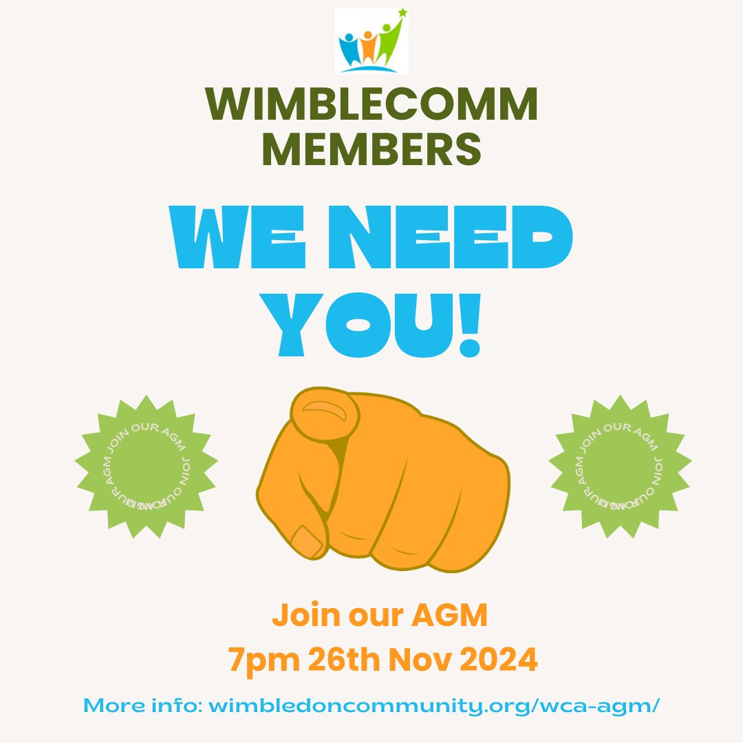 Wimblecomm (@wimblecomm) on Twitter photo 💫 WE NEED YOU to come to our AGM! 💫
Tuesday, 26th November, 7pm, Merton Arts Centre (Wimbledon Library)
And take part in our special pub quiz afterwards! 🍻
Register here: bit.ly/3XTJWnu
More info: wimbledoncommunity.org/wca-agm/
#AGM #Charity #Merton <a href="/Merton_Council/">Merton Council</a> 💫 WE NEED YOU to come to our AGM! 💫
Tuesday, 26th November, 7pm, Merton Arts Centre (Wimbledon Library)
And take part in our special pub quiz afterwards! 🍻
Register here: bit.ly/3XTJWnu
More info: wimbledoncommunity.org/wca-agm/
#AGM #Charity #Merton <a href="/Merton_Council/">Merton Council</a>