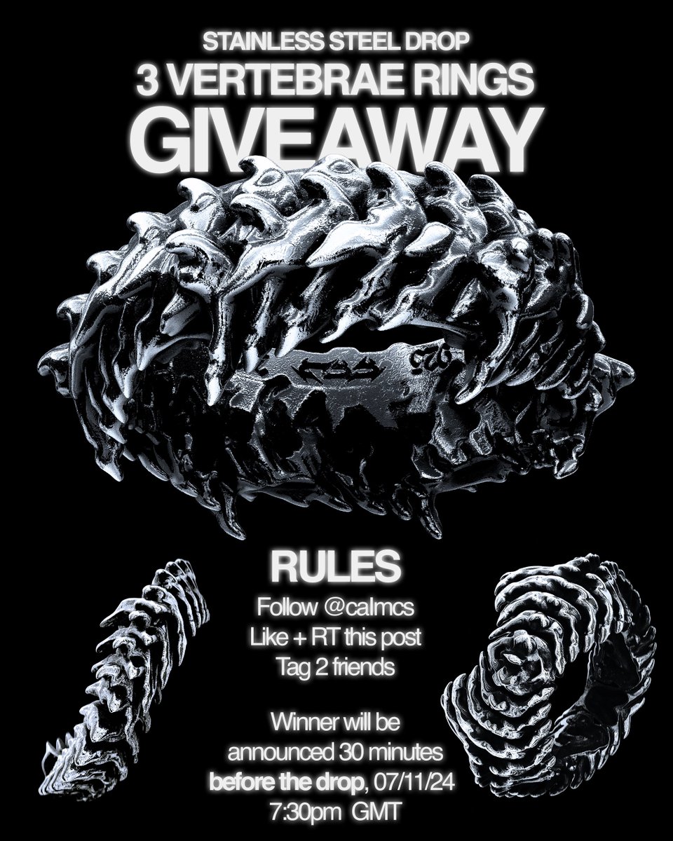 THE 1ST EVER STAINLESS STEEL DROP - GIVEAWAY

1 WINNER - 3 VERTEBRAE RINGS
WINNER PICKED IN 2 DAYS - GOODLUCK <3