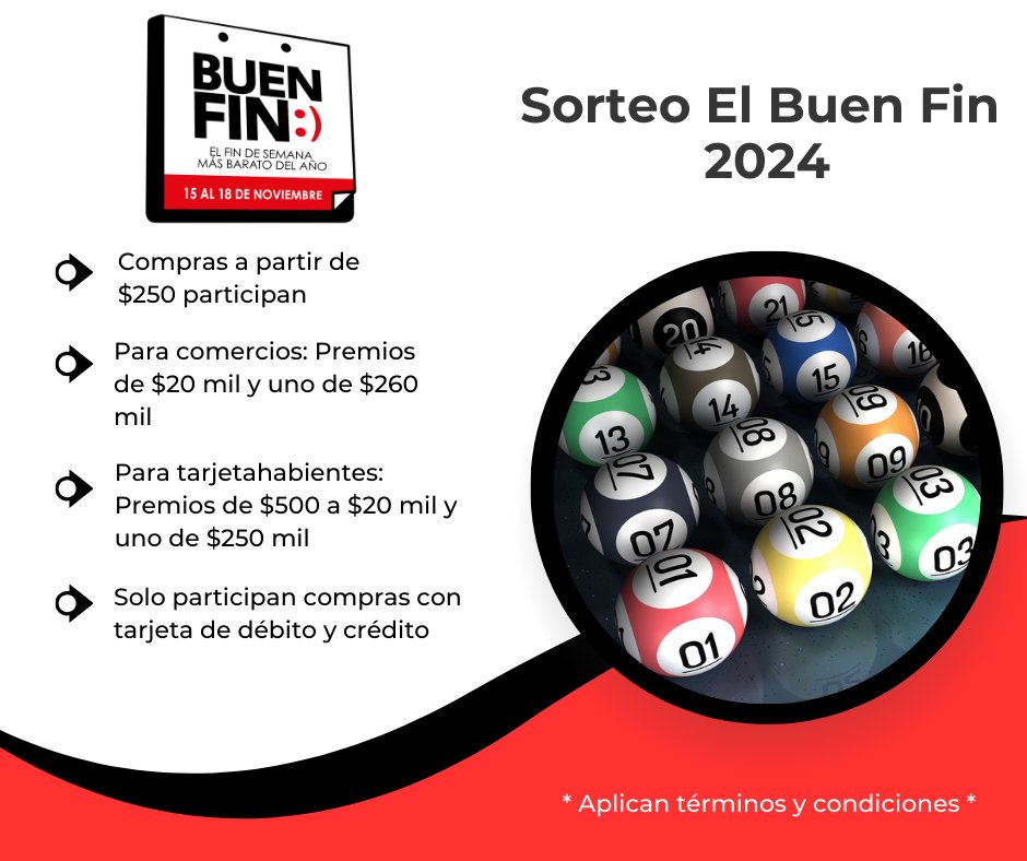 🌟 ¡Tus compras en #ElBuenFin pueden darte grandes premios!

Comercios: ganen hasta $260 mil o $20 mil. Tarjetahabientes: hasta $250 mil, con más de 321 mil premios entre $500 y $20 mil.

Consulta las bases del Sorteo de El Buen Fin del SAT aquí 👉 bit.ly/3Urtvg4