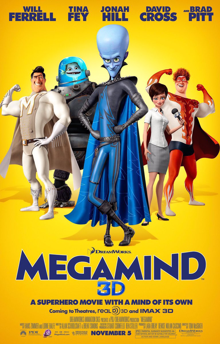 FilmNewsNos's tweet photo. 🎬MOVIE HISTORY: 14 years ago today, November 5, 2010, the movie ‘Megamind’ opened in theaters!
#WillFerrell #TinaFey #JonahHill #DavidCross #BradPitt #JKSimmons @BenStiller #ChristopherKnights #TomMcGrath #JackBlessing #JustinTheroux #JessicaSchulte @Dreamworks https://t.co/mc0oSXCdA2