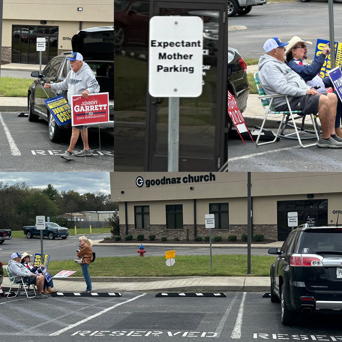 TheTNHoller's tweet photo. INBOX: At the Goodlettsville voting precinct (church of Nazarene) some @JohnnyGarrett4/Trump supporters parked in the “expectant mother parking” and posted up to hold signs 🫤🤷🏼‍♂️ https://t.co/8Q0ZkkQPer