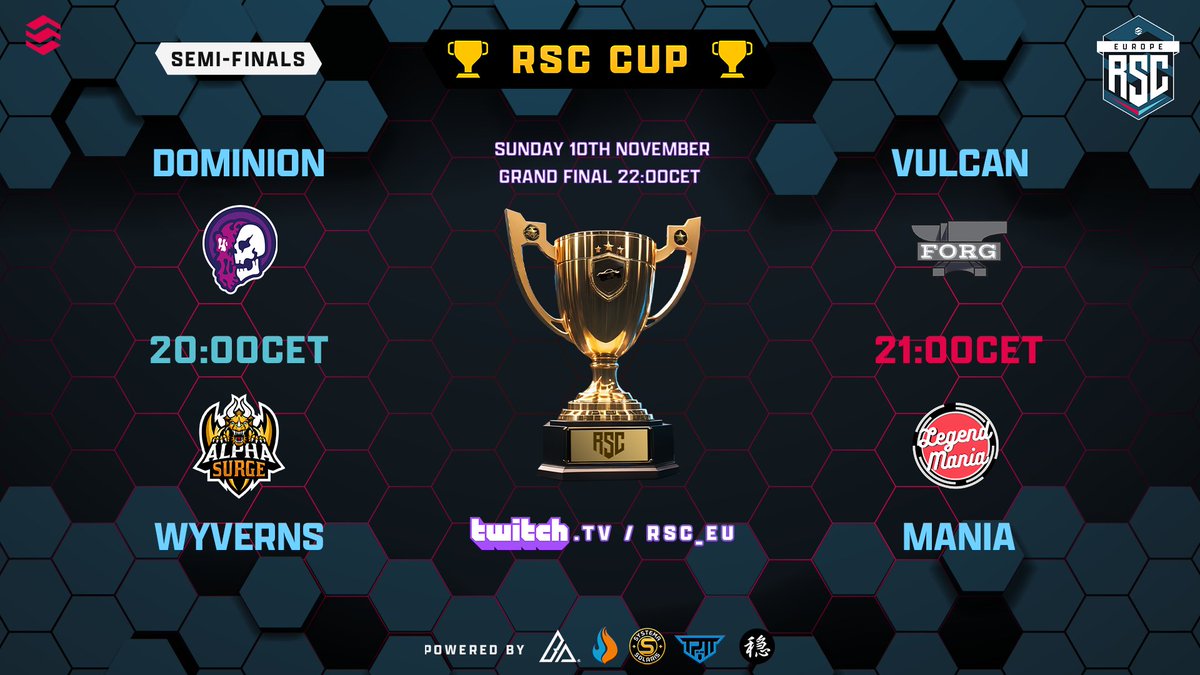 RSC EU (@rsc_eu) on Twitter photo ๐ฃ RSC Cup Draw! ๐ฃ
Here is the Draw for the Semi-Finals in the ยฃ100 cup! ๐
Only 4 Master teams remain from all the teams in league - join us live on Sunday 10th November to see them clash it out for the prizepool! ๐ธ
<a href="/SymbiotesGG/">Symbiotes</a> <a href="/alpha_surge/">Alpha Surge</a> <a href="/FORG_ENT/">FORG Entertainment</a> <a href="/LegendManiaGG/">Legend Mania</a> ๐ฃ RSC Cup Draw! ๐ฃ
Here is the Draw for the Semi-Finals in the ยฃ100 cup! ๐
Only 4 Master teams remain from all the teams in league - join us live on Sunday 10th November to see them clash it out for the prizepool! ๐ธ
<a href="/SymbiotesGG/">Symbiotes</a> <a href="/alpha_surge/">Alpha Surge</a> <a href="/FORG_ENT/">FORG Entertainment</a> <a href="/LegendManiaGG/">Legend Mania</a>