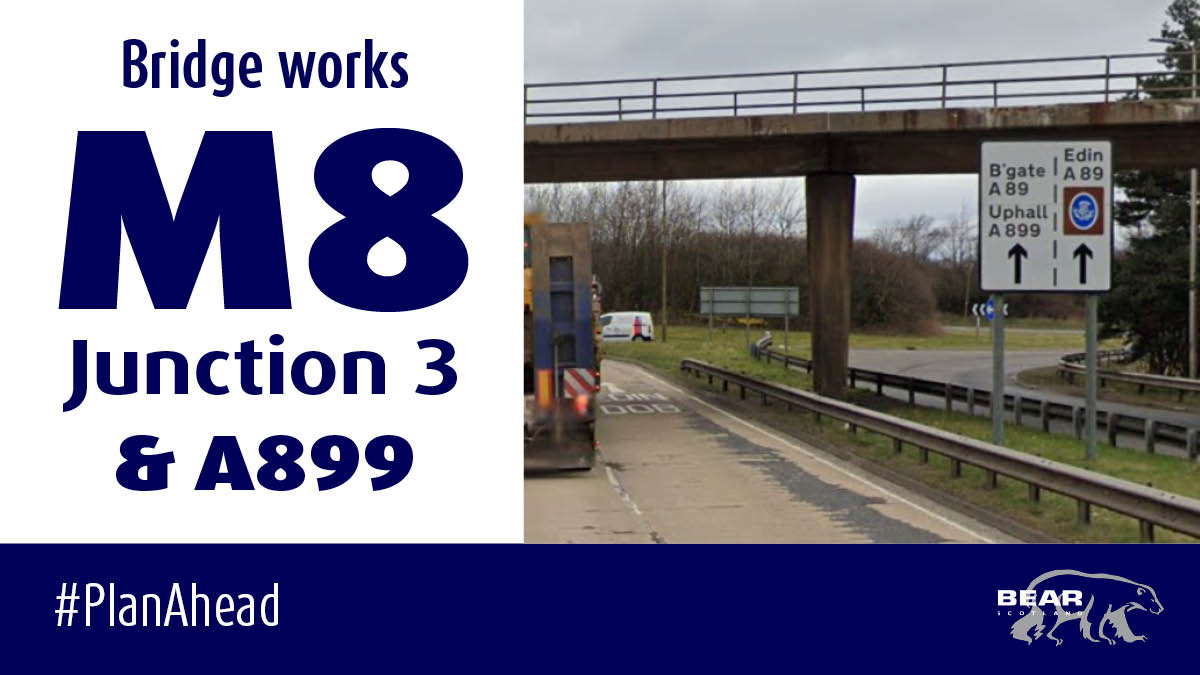 M8 J3 bridge works:

⛔ The #A899 between Livingston East Rbt and Dechmont Rbt will be closed in both directions between 20:00 and 06:00 on the nights of 7, 8 and 14 November. 

⛔ Access to the #M8 J3 eastbound on-slip will also be unavailable.

Details:
bearscot.com/closure-of-a89…