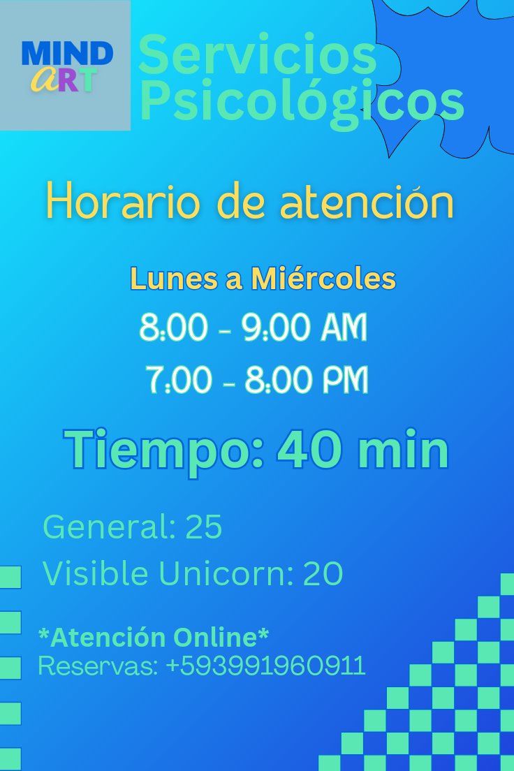 mindartpsy's tweet photo. Retomamos la atención terapéutica con estos horarios. Debido a los cortes de energía y demás tendremos una modificación en los horarios de atención. Esto incluye reducción en tiempo de sesión y coste del servicio.

Reservas 📱0991960911 
#TerapiaOnline #Ecuador 
#TerapiaBreve https://t.co/yyBltcIul6