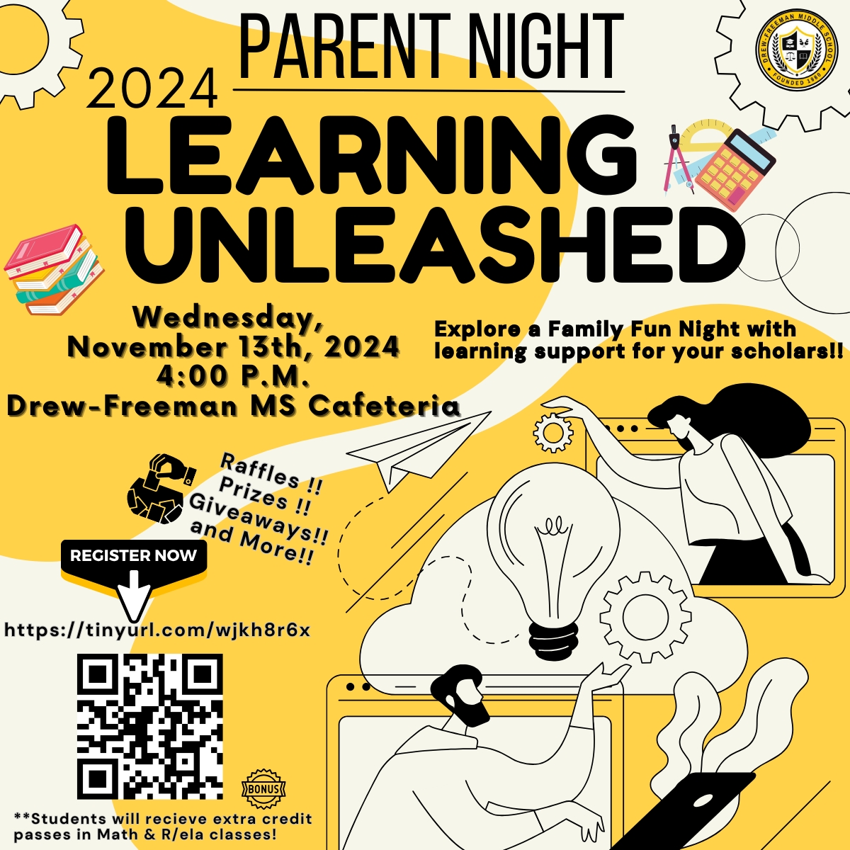 DFMS_PGCPS's tweet image. 📣 Falcon Families!
 Join us for &quot;Learning Unleashed Family Fun Night&quot; at Drew-Freeman MS! 📚

Explore fun activities supporting family math and literacy learning!

Enjoy raffles, prizes &amp;amp; more! 🎉 

Register: forms.gle/HahWb8ZSQ7oaWL… 

Questions? Email melanie.mavins@pgcps.org 🦅