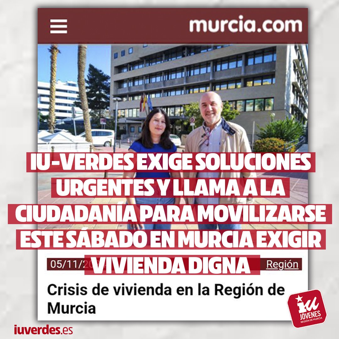 🏠 "sin vivienda, los/as jóvenes y trabajadoras murcianas se enfrentan a un futuro sin oportunidades"

🔻<a href="/laura22carrillo/">Laura</a>, responsable de la Red de <a href="/JovenesIURM/">Jóvenes IU Región de Murcia</a>, denunciaba la situación junto al coordinador de <a href="/IUVRM/">IUVRM🔻🇵🇸</a>, <a href="/JLalvarezcast/">José Luis Álvarez-Castellanos Rubio</a>, esta mañana frente a la Consejería de Fomento.