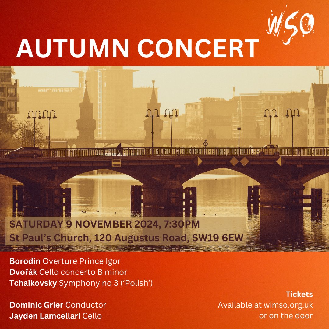 We can't wait to perform #Dvořák’s exquisite #Cello Concerto in B minor with soloist Jayden Lamcellari this Saturday!

November 9th, 7.30pm, SW19 6EW
Full programme and tickets available at eventbrite.co.uk/e/autumn-conce…