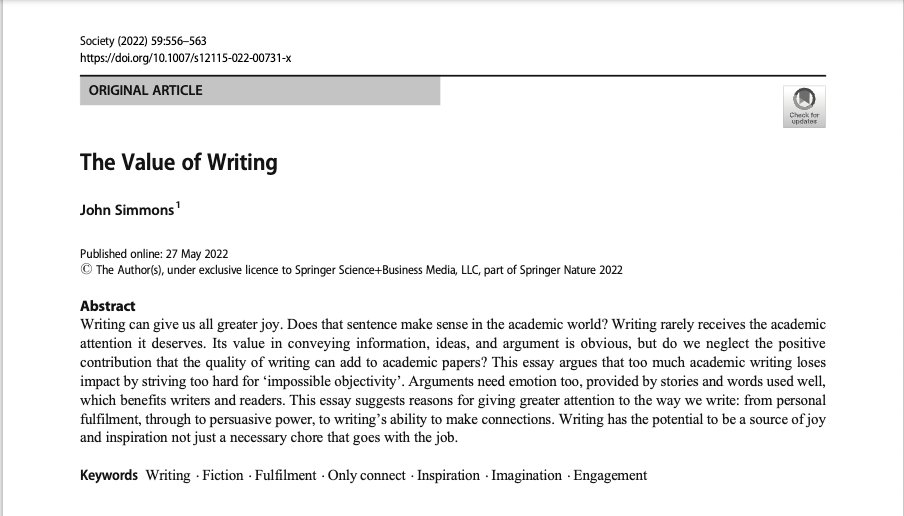 This is an incredibly useful paper from the academic journal, Society, for anyone involved in communicating research findings. @JNSim says it: "sets out why I believe writing needs to be taken more seriously &amp; used more creatively...in the academic field. rdcu.be/dWPSG