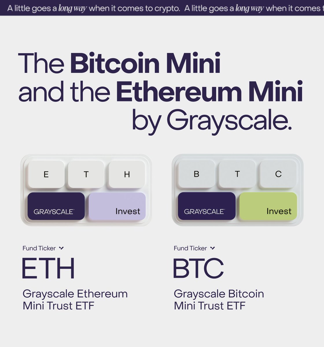 A little goes a long way when it comes to crypto. So start with the Grayscale  Bitcoin Mini and Ethereum Mini, tickers: $BTC and $ETH — the lowest cost*  spot #bitcoin and #