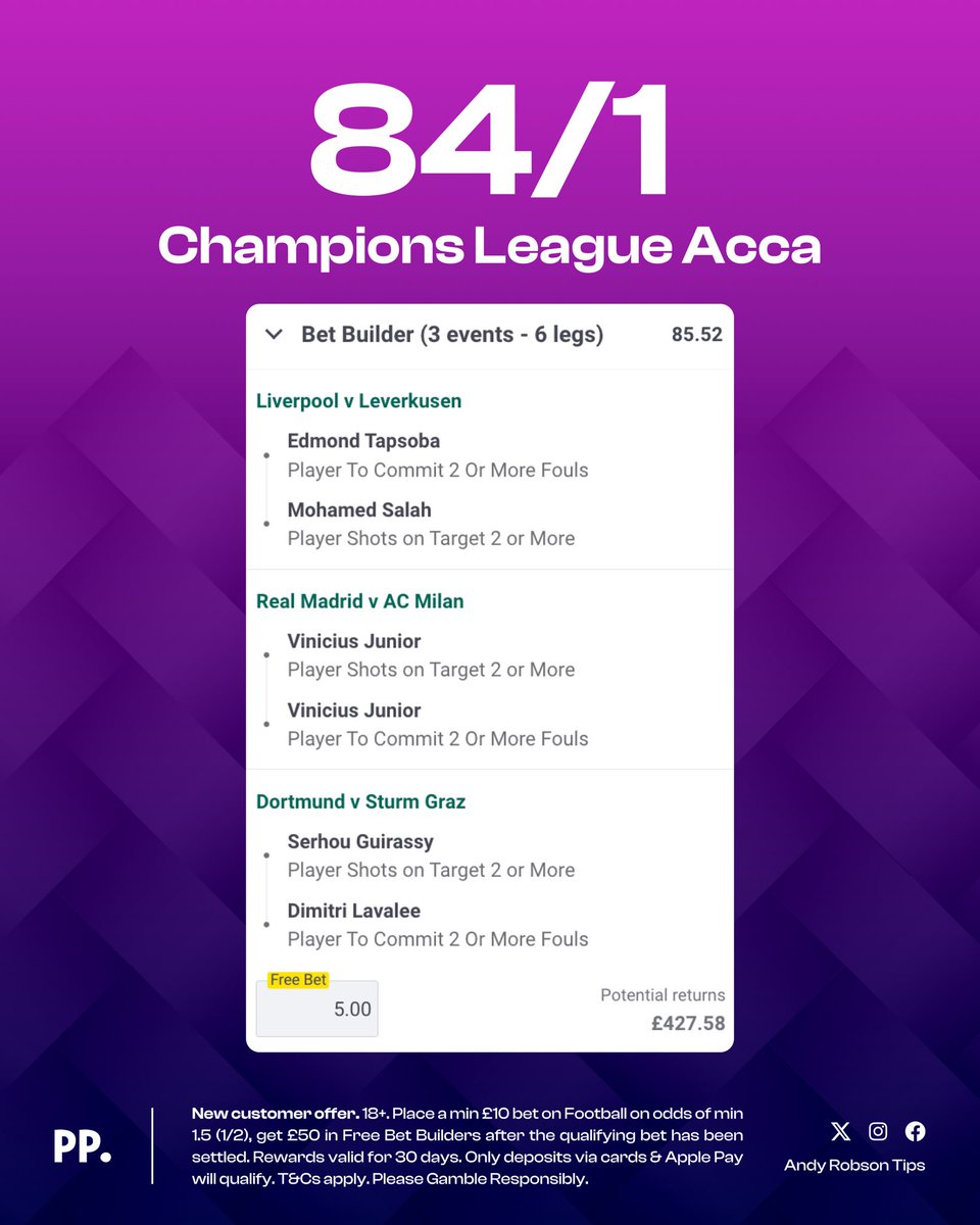 🏆 84/1 CHAMPIONS LEAGUE ACCA

• £5 returns £427
• £10 returns £855

Load bet: bit.ly/UCL-Accum

👋🏼 New follower? Join Paddy Power to back this bet.

Join: bit.ly/50FREE-Claim

🎁 Stake £10 and you'll get £50 in Free Bets win or lose.

18+, T&amp;Cs Apply. Ad.