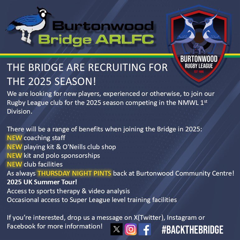 BwoodBridgeRFL's tweet image. 📢Pre-season Announcment📢

We’re back for 2025 and we’re recruiting! 

✉️DM our socials to get involved and for further info! 
#BackTheBridge  #backfor2025