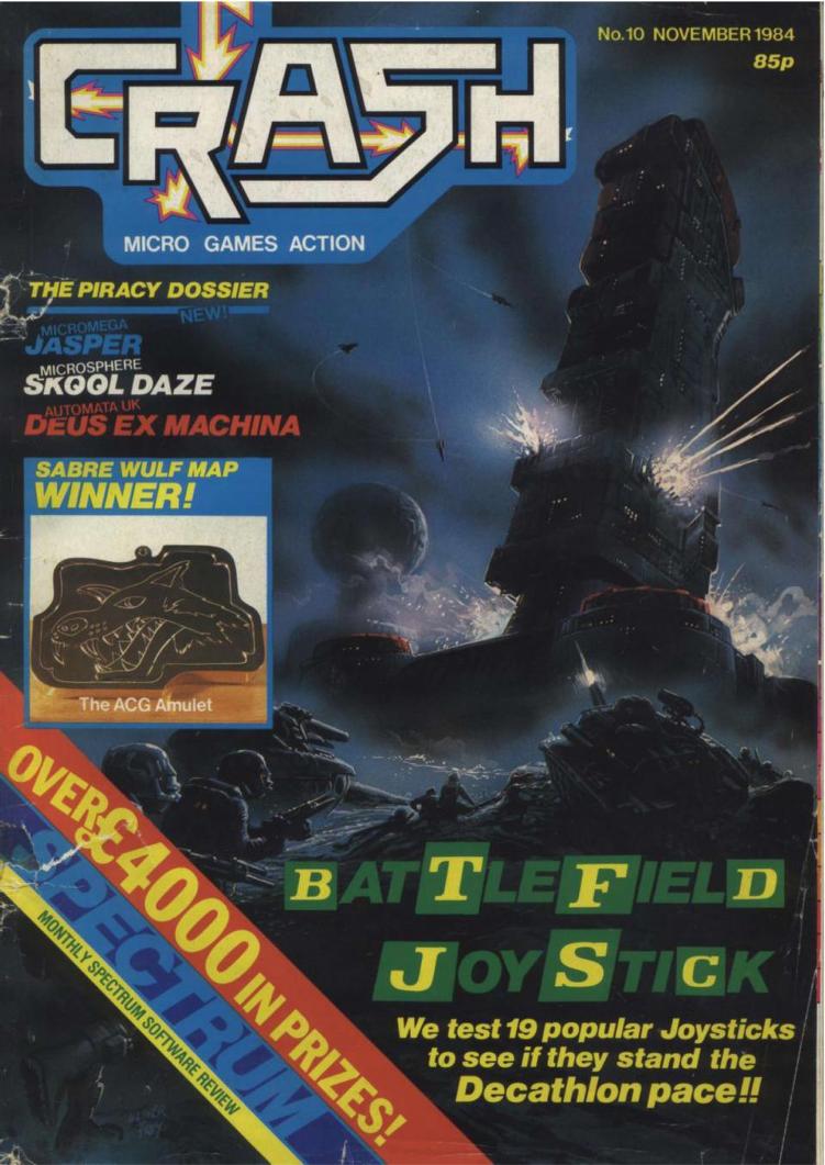 40 years ago, Crash ran an epic joystick mega-review, which resident artist Oli Frey turned into a fabulous cover featuring the Quickshot II and Competition Pro sticks as giant war machines. Very cool concept, even if the image was very dark and was hard to see all its details.