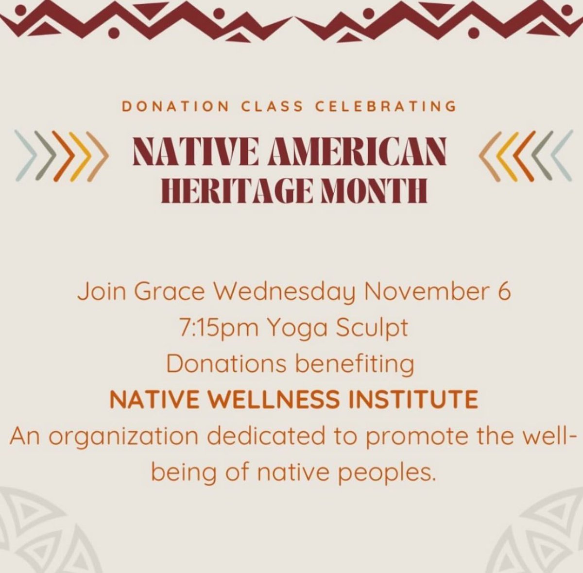 GraceFullerMed's tweet photo. Honor Native American Heritage month by joining us at CorePower Yoga in Chapel Hill tomorrow evening for a donation-based class benefiting the Native Wellness Institute! @CorePowerYoga https://t.co/bYnKVmEmrV